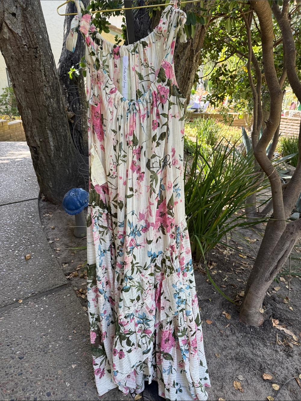 Cream Floral Tie-Shoulder Maxi Dress with Pink and Green Print